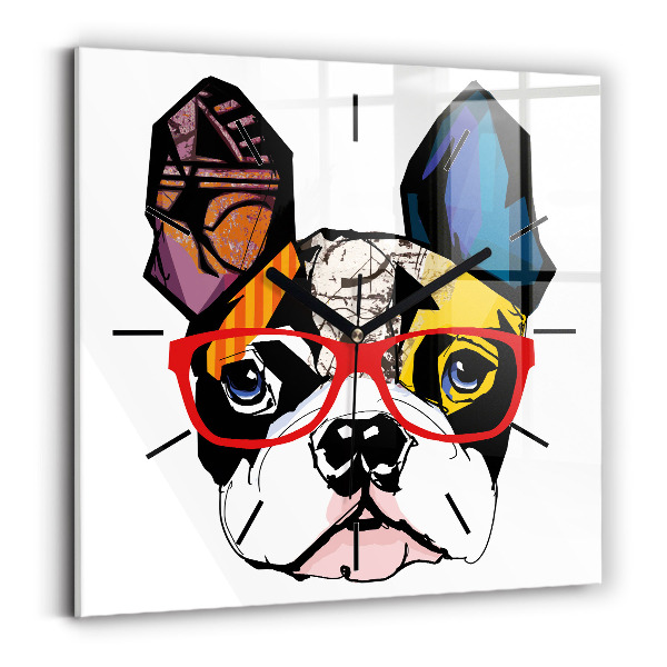 Square glass wall clock French bulldog with glasses