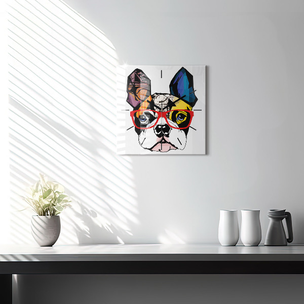 Square glass wall clock French bulldog with glasses
