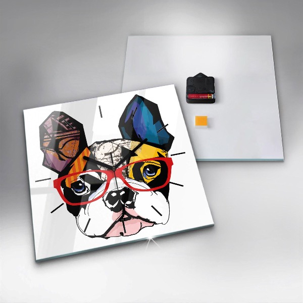 Square glass wall clock French bulldog with glasses