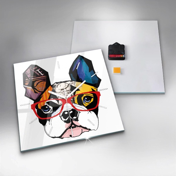 Square glass wall clock French bulldog with glasses