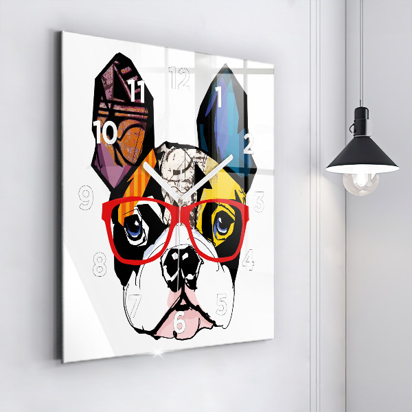 Square glass wall clock French bulldog with glasses