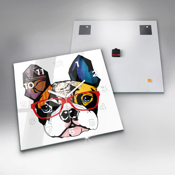 Square glass wall clock French bulldog with glasses