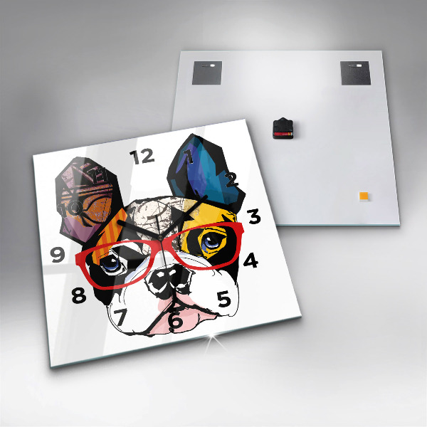 Square glass wall clock French bulldog with glasses