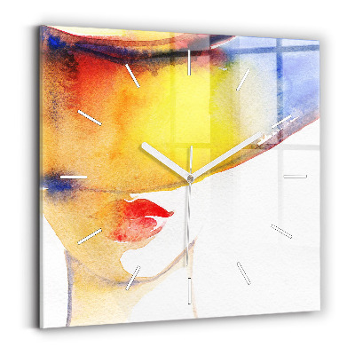Square glass wall clock Woman in a hat