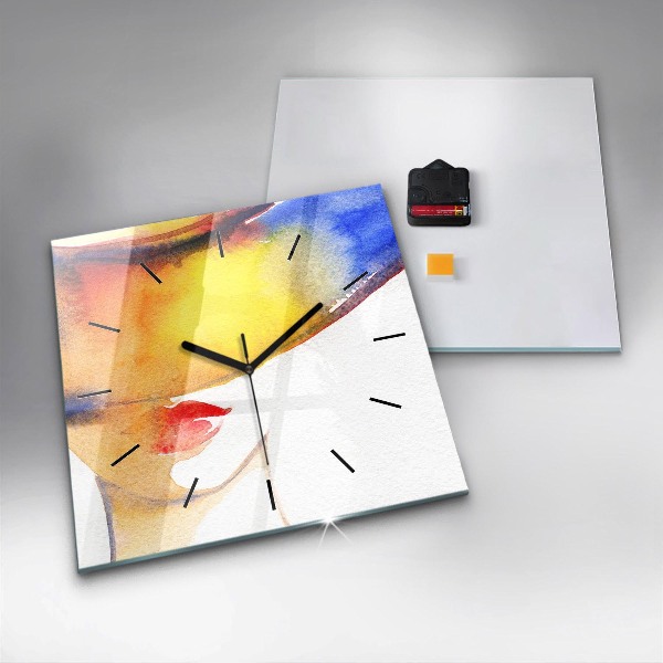 Square glass wall clock Woman in a hat