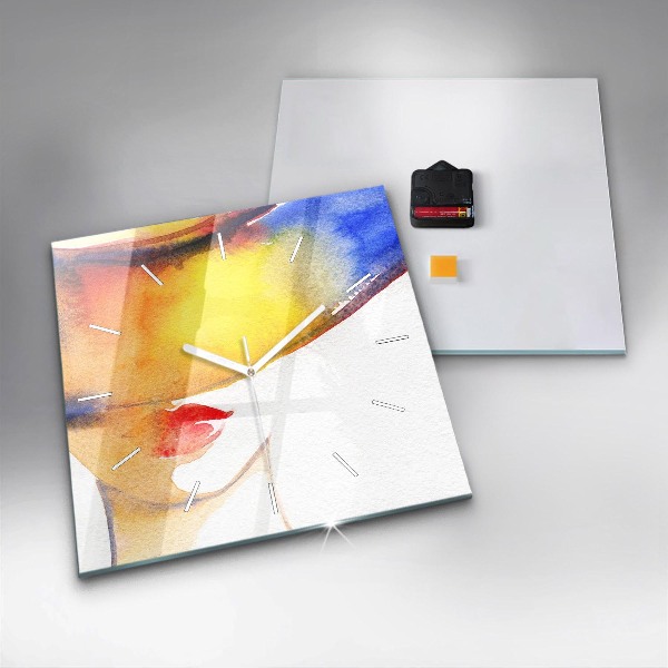 Square glass wall clock Woman in a hat