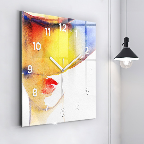 Square glass wall clock Woman in a hat