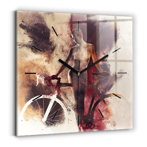Square glass wall clock Woman and bike