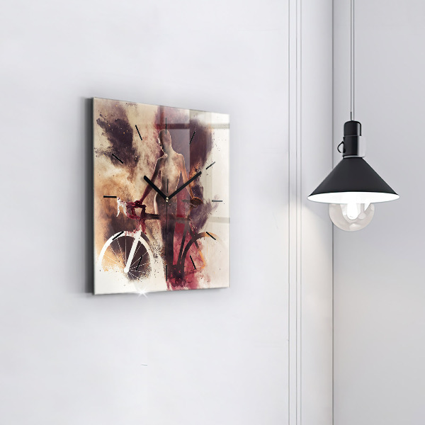Square glass wall clock Woman and bike