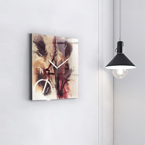 Square glass wall clock Woman and bike