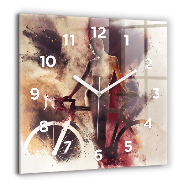 Square glass wall clock Woman and bike