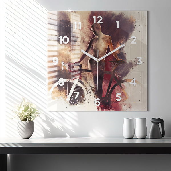 Square glass wall clock Woman and bike