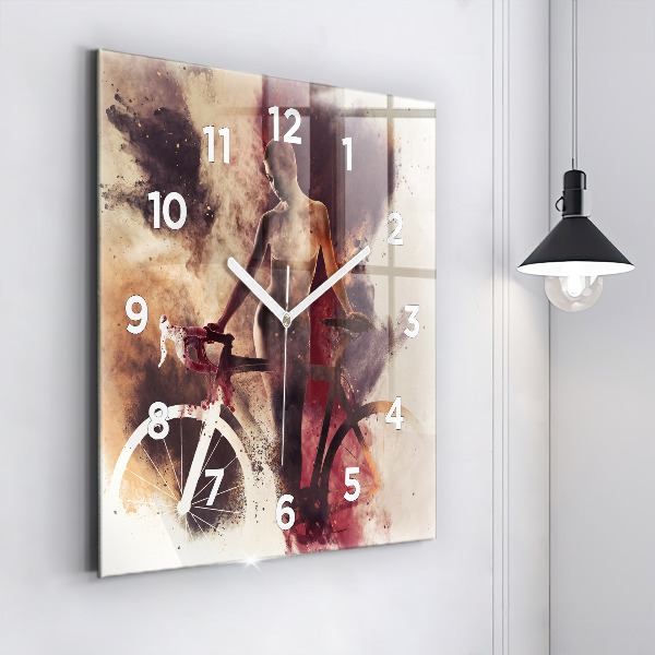 Square glass wall clock Woman and bike