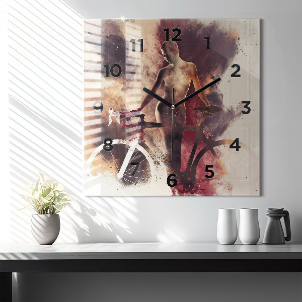 Square glass wall clock Woman and bike