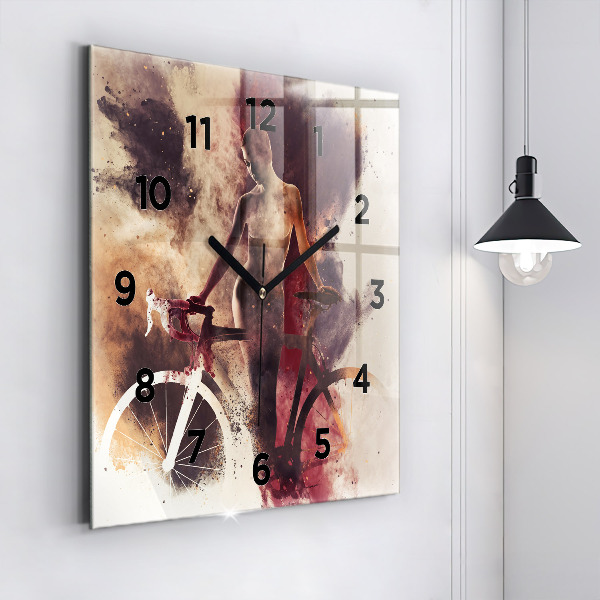 Square glass wall clock Woman and bike
