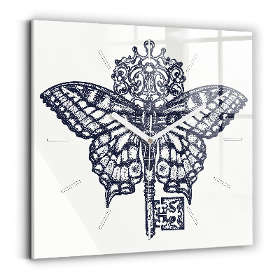 Square glass wall clock Butterfly and key - boho style