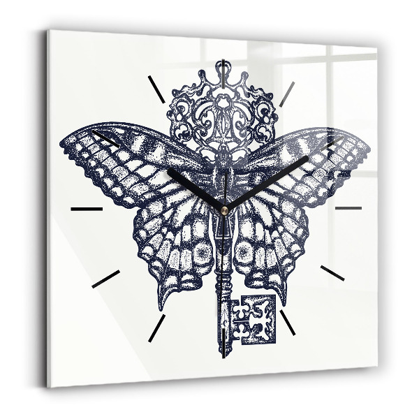 Square glass wall clock Butterfly and key - boho style