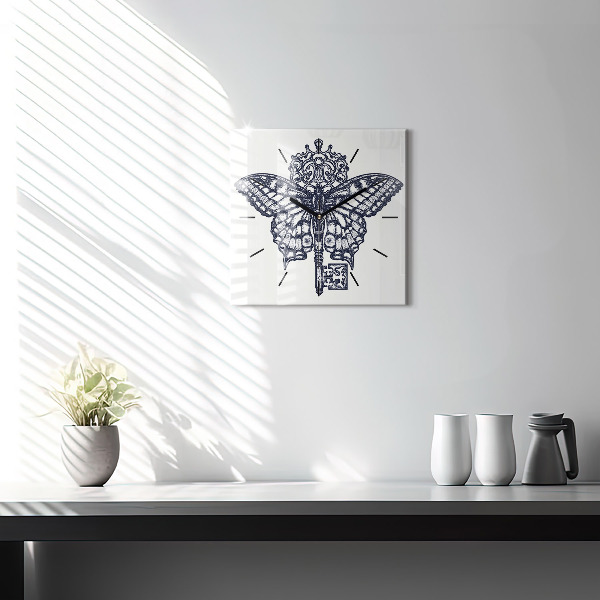 Square glass wall clock Butterfly and key - boho style