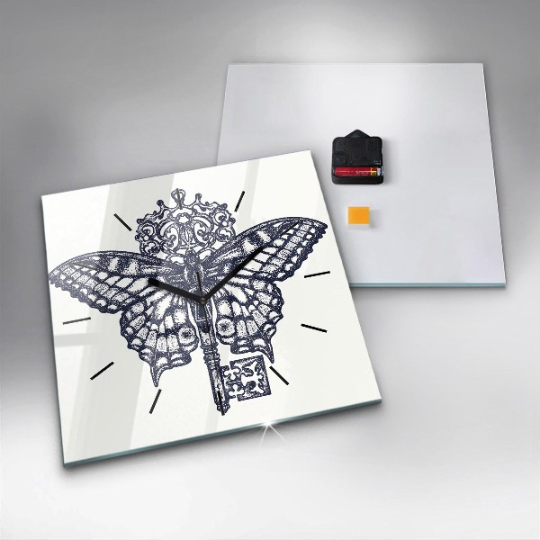 Square glass wall clock Butterfly and key - boho style