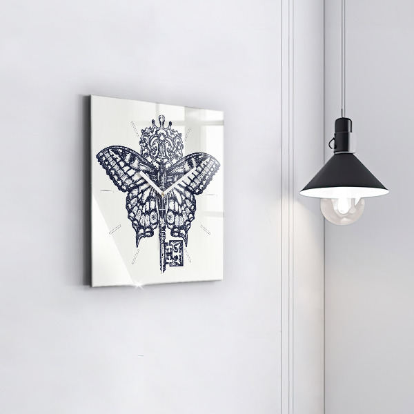 Square glass wall clock Butterfly and key - boho style