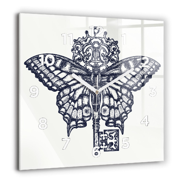 Square glass wall clock Butterfly and key - boho style