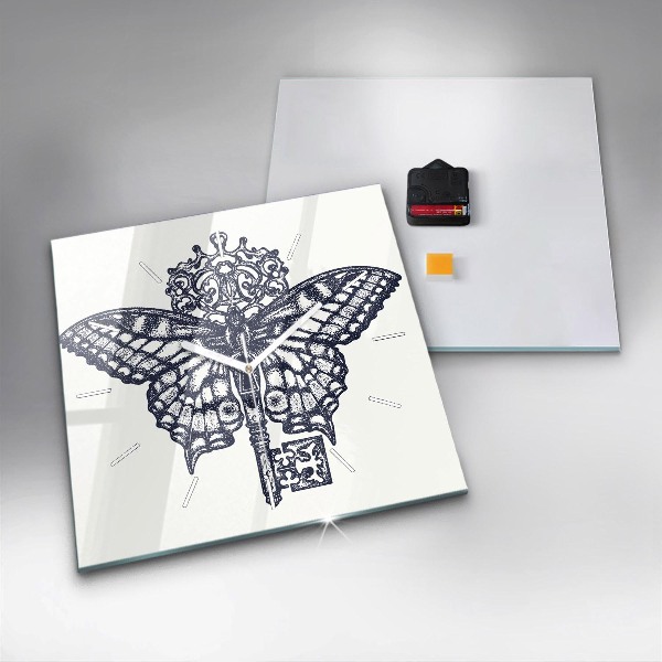 Square glass wall clock Butterfly and key - boho style