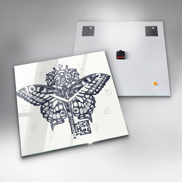 Square glass wall clock Butterfly and key - boho style