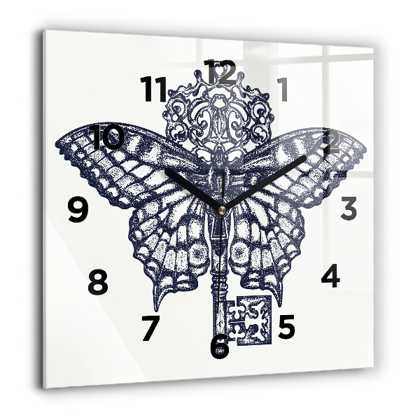 Square glass wall clock Butterfly and key - boho style