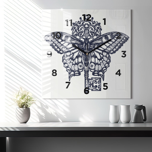 Square glass wall clock Butterfly and key - boho style