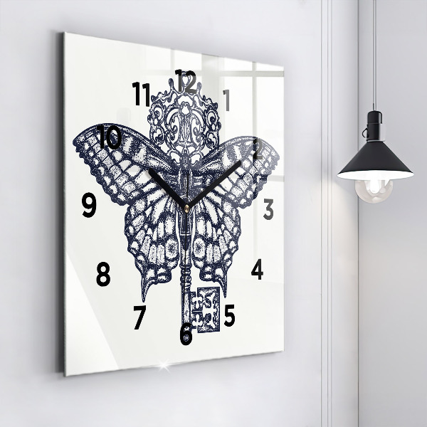 Square glass wall clock Butterfly and key - boho style