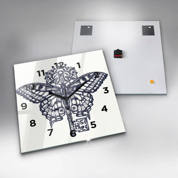 Square glass wall clock Butterfly and key - boho style
