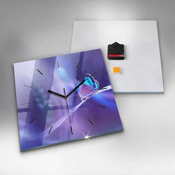 Square glass wall clock Butterfly on the grass