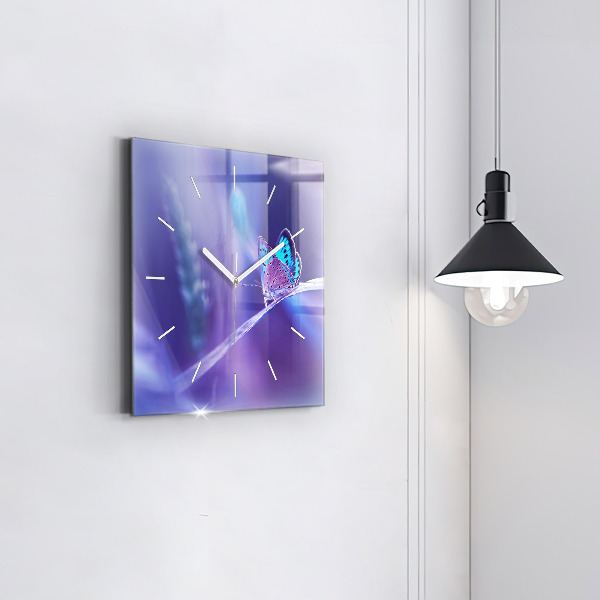 Square glass wall clock Butterfly on the grass