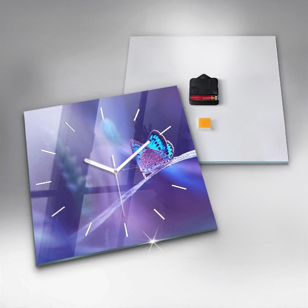 Square glass wall clock Butterfly on the grass