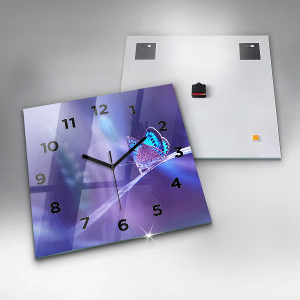 Square glass wall clock Butterfly on the grass