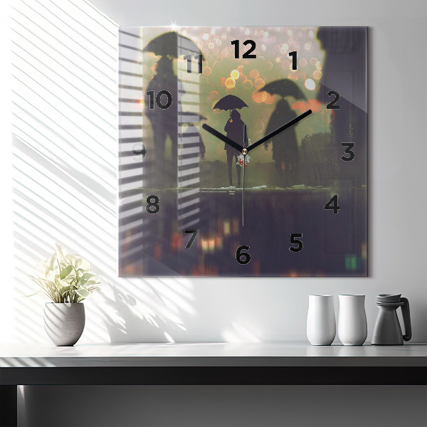 Square glass wall clock People with umbrellas