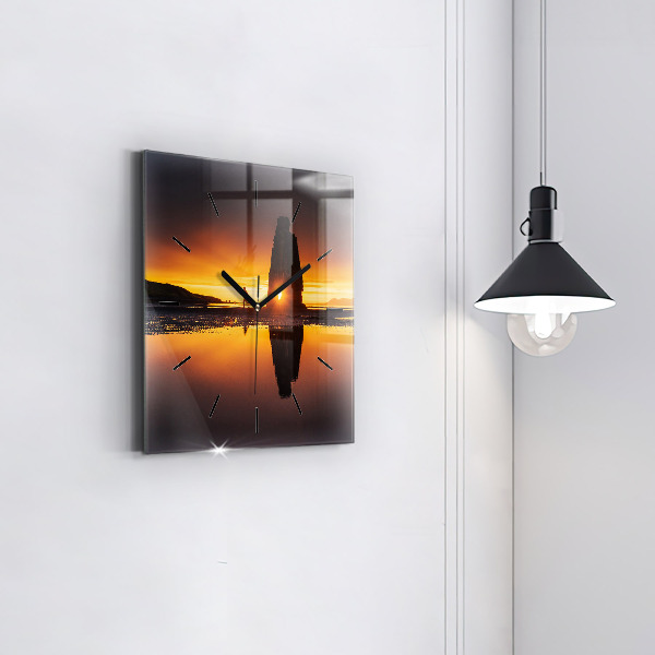 Square glass wall clock Runner and sunset