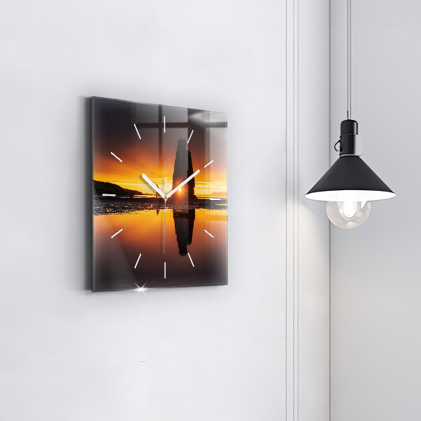 Square glass wall clock Runner and sunset