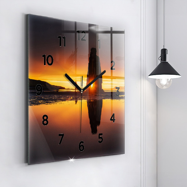 Square glass wall clock Runner and sunset