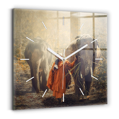Square glass wall clock Monk leading elephants