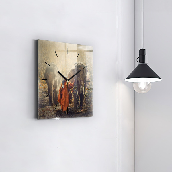 Square glass wall clock Monk leading elephants