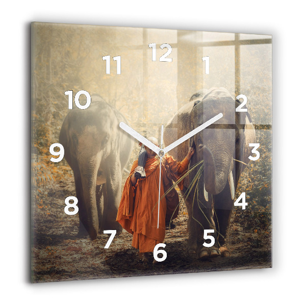 Square glass wall clock Monk leading elephants