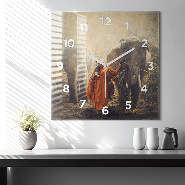 Square glass wall clock Monk leading elephants
