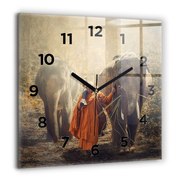 Square glass wall clock Monk leading elephants