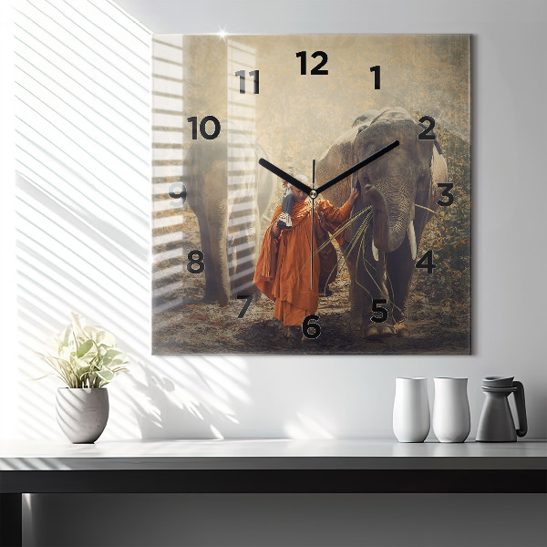 Square glass wall clock Monk leading elephants