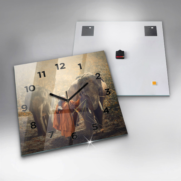 Square glass wall clock Monk leading elephants