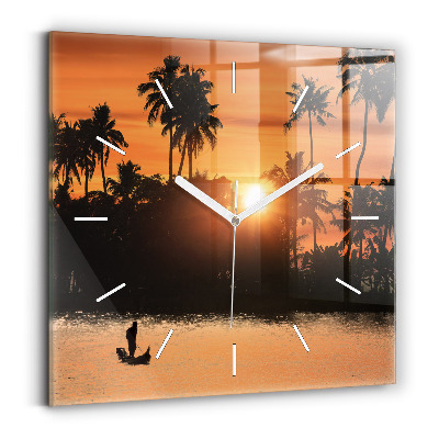 Square glass wall clock Sunset and palm trees