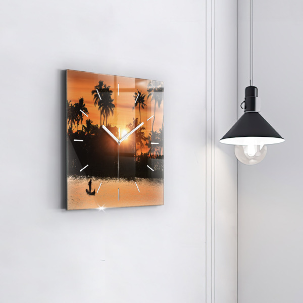 Square glass wall clock Sunset and palm trees