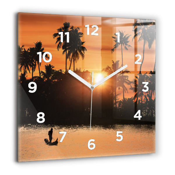 Square glass wall clock Sunset and palm trees