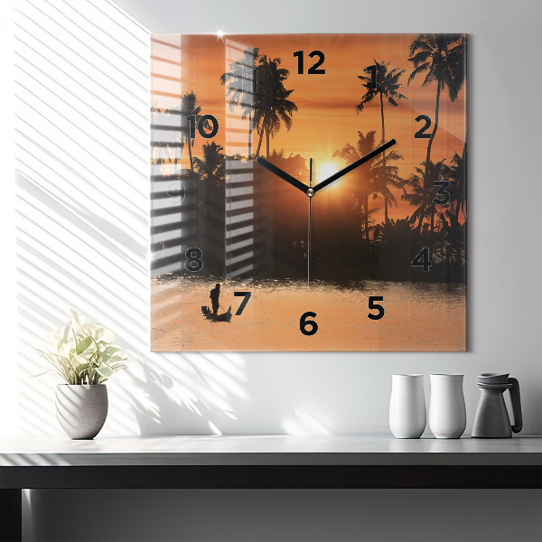 Square glass wall clock Sunset and palm trees